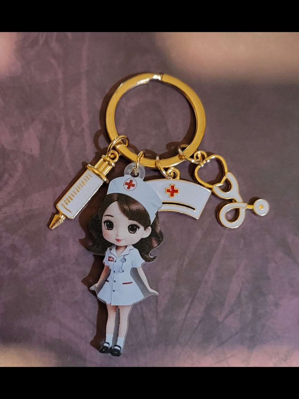 Cute Nurse Charm Keychain - White & Gold